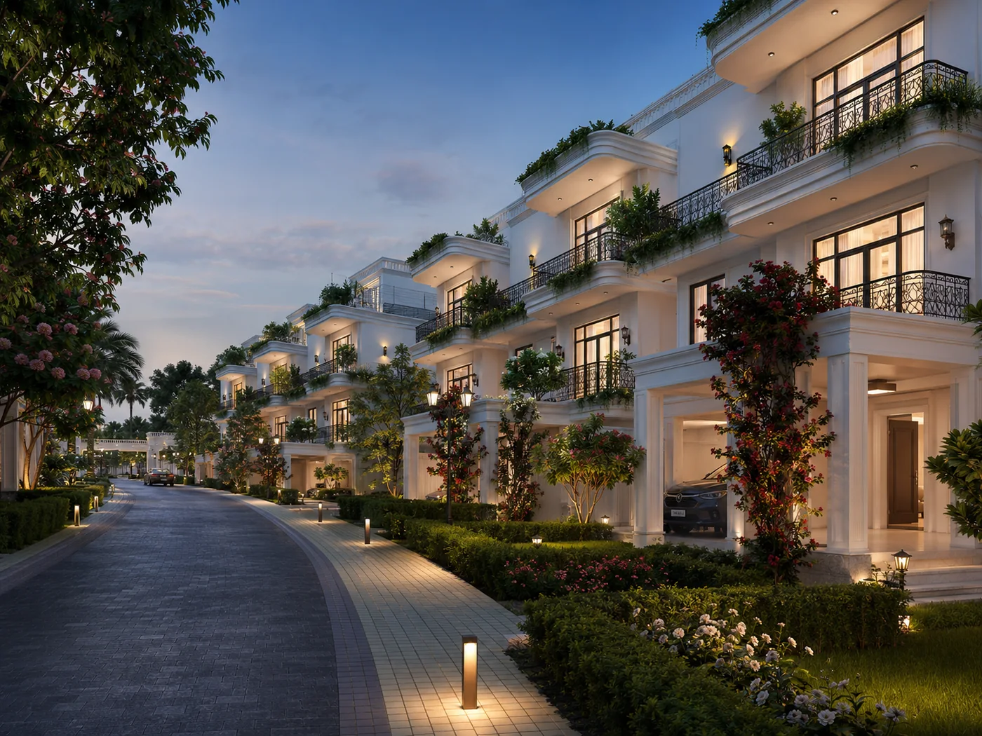 Luxury villa community with lush gardens